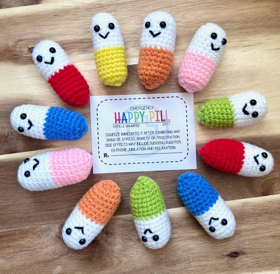 Funny Crochet Pill, Happy Emotional Support Pill, Crochet Stuffed