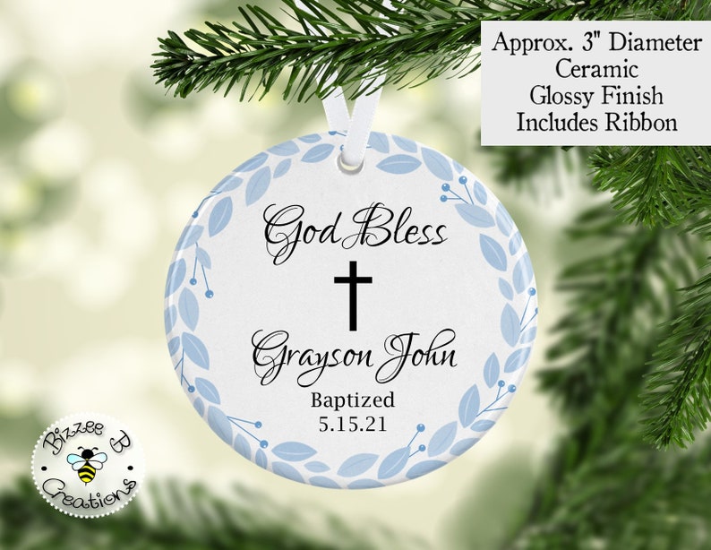 Custom Baptism Christmas Ornament, Baptism Ornament, Baby Boy Baptism Gift, Christmas Ornament Gift, Baptism Gift for Godson, Baptism Gift image 1