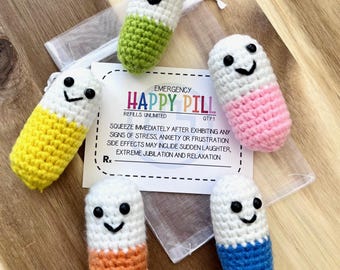 Funny Crochet Pill, Happy Emotional Support Pill, Crochet Stuffed Pill, Stress Relief, Chill Pill Gift, Therapy Gifts, Humorous gift Ideas
