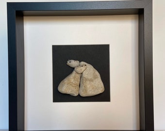 Pebble Art Polar Bears. Frame in 10.5”x10.5” black shadow box. Ready to hang or place on a shelf.