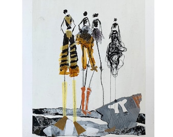 Ink drawing of people, collage with sewing thread | Original unique piece in black | Mixed media graphic | Studio Claudia König