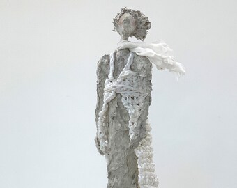 Sculpture with a paper stole made of paper mache/mixed media in the wind, human, art, unique