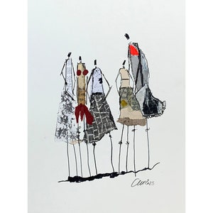 Grupo de pessoas - pequeno desenho a tinta e colagem, original, minimalismo, preto, colorido, arte moderna, único, pessoas