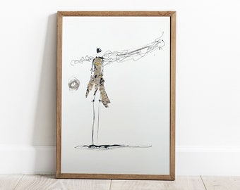 Fine Art Print - standing woman, modern wall decor, collage/drawing black, colored, modern art, human, living room