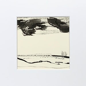Disegno a inchiostro minimalista con passe-partout, 20 x 20 cm (5,1 x7,1 pollici), orizzontale, nero, unico