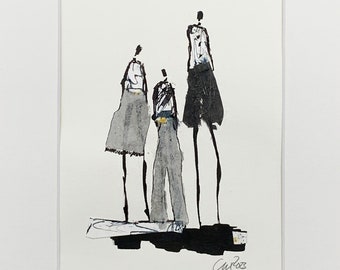 Minimalist ink drawing and collage, original, minimalism, black, colorful, modern art, unique, people