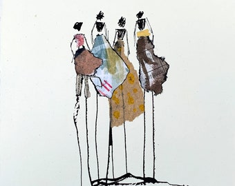 Drawing/collage on handmade paper, Din A4 - 29.7/21 cm (11.7/8.3 inch), group of women, minimalism, ink, black, modern art, unique