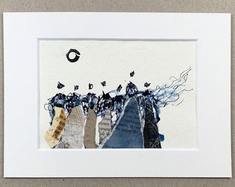 Small ink drawing/collage with passepartout, original, 13 x 18 cm (5.1 x7.1 inch), ink, blue, modern art, unique, people, women