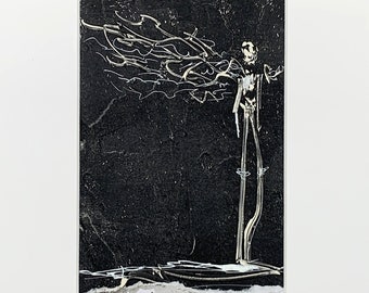 Monotypie mit Passepartout,original, 24 x 18 cm (9.5 x 7.1 inch), Minimalismus, Tinte, schwarz,moderne Kunst, Unikat, Menschen