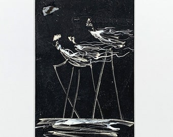 Monotipo/dibujo con paspartú, original, 24 x 18 cm (9,5 x 7,1 pulgadas), minimalismo, tinta, negro, arte moderno, único, personas
