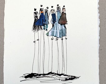 Drawing/collage on handmade paper, Din A4 - 29.7/21 cm (11.7/8.3 inch), group of women, minimalism, ink, black, modern art, unique