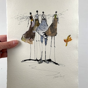 Disegno/collage su carta fatta a mano, Din A4 - 29,7/21 cm (11,7/8,3 pollici), gruppo di donne, minimalismo, inchiostro, nero, arte moderna, unico
