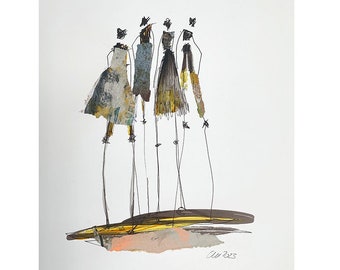 Groep vrouwen - tekening/collage 42/29,7 cm (Din A3) (16,5x11,7 inch) zwart, inkt, moderne kunst, uniek, expressief, eigentijds
