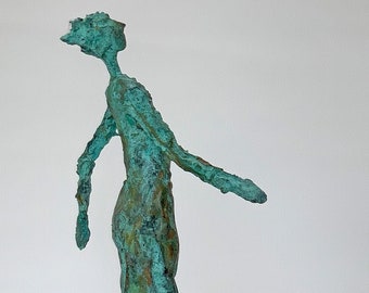 Sculpture made of paper mache with turquoise copper patina, figure, figurine, unique, puristic