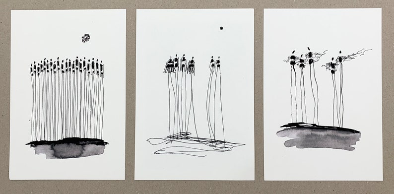 Fine Art Print Set A5 | Art Print Group of People | Black and White Graphic | Giclée Print on Artist Paper | Atelier Claudia König 3er-Set
