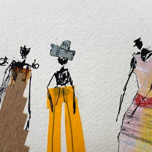 May include: Abstract artwork featuring three stylized figures. The figures are depicted with black ink outlines and collage elements in shades of brown, yellow, and pink. The artwork is on a white background.