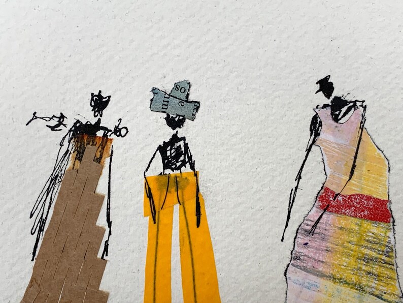 May include: Abstract artwork featuring three stylized figures. The figures are depicted with black ink outlines and collage elements in shades of brown, yellow, and pink. The artwork is on a white background.