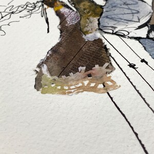 May include: An abstract mixed-media artwork featuring a collage of torn paper with text, watercolor washes, and ink lines. The color palette includes browns, blues, and yellows. The composition suggests figures or dresses.