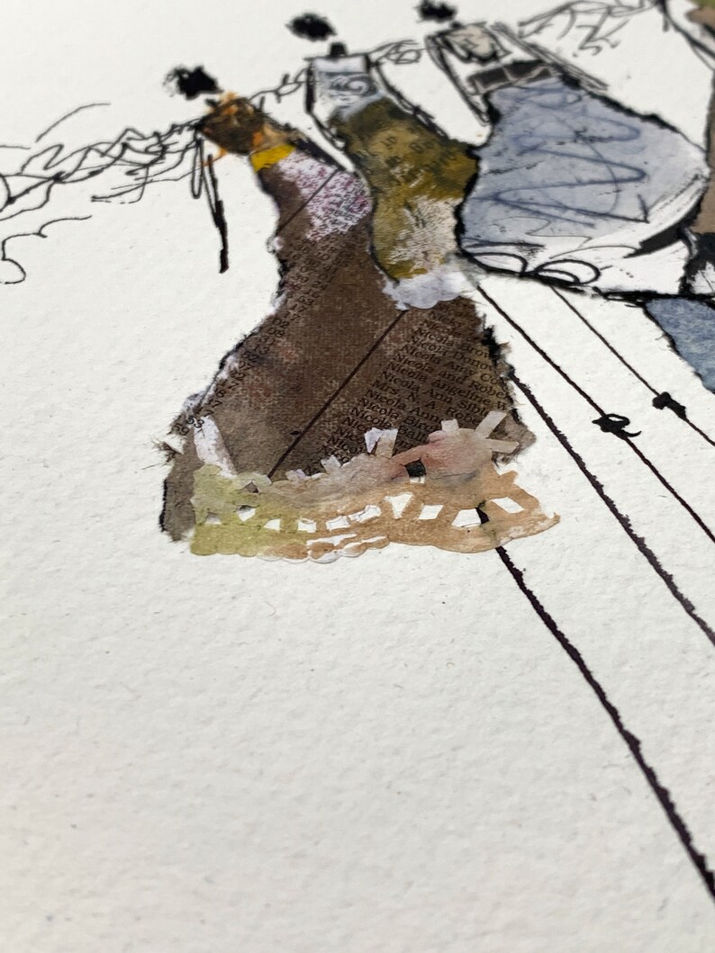 May include: An abstract mixed-media artwork featuring a collage of torn paper with text, watercolor washes, and ink lines. The color palette includes browns, blues, and yellows. The composition suggests figures or dresses.
