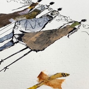 May include: An abstract mixed-media artwork featuring figures with elongated legs and textured dresses in shades of brown, blue, and green. The artwork includes black line drawings and a collage element with a yellow and brown accent.