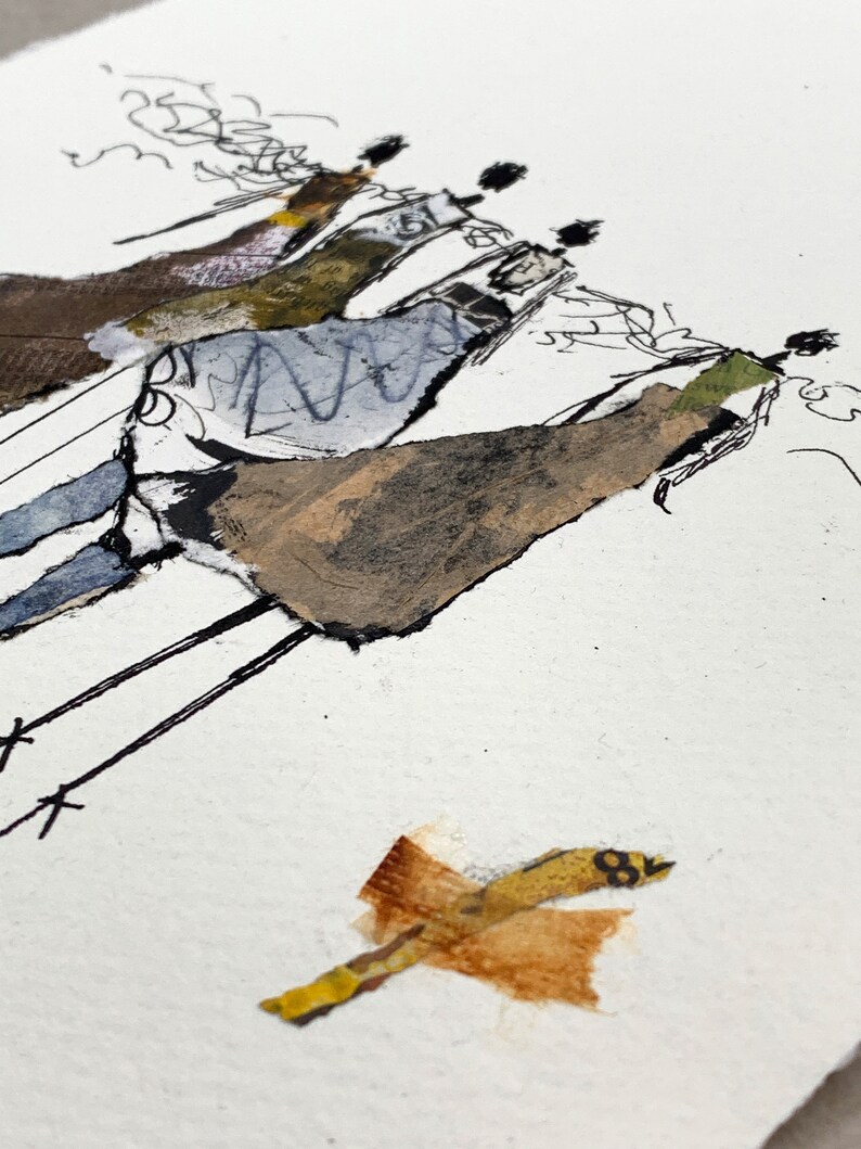 May include: An abstract mixed-media artwork featuring figures with elongated legs and textured dresses in shades of brown, blue, and green. The artwork includes black line drawings and a collage element with a yellow and brown accent.