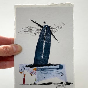 Kleine Zeichnung/collage, Postkartengroß (Din A6)/10,5x14,8 cm / 4.1 x 5.8 in, Minimalismus, Tinte, blau,moderne Kunst, Unikat