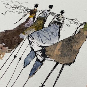 May include: Mixed media artwork featuring three stylized figures in flowing dresses. The figures are rendered in muted tones of brown, blue, and green, with black line details. The artwork has a textured, collage-like appearance.