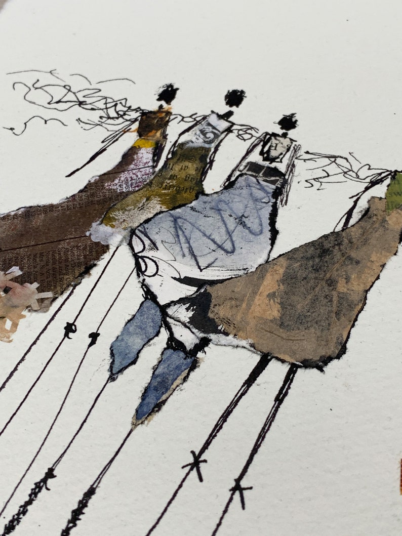 May include: Mixed media artwork featuring three stylized figures in flowing dresses. The figures are rendered in muted tones of brown, blue, and green, with black line details. The artwork has a textured, collage-like appearance.