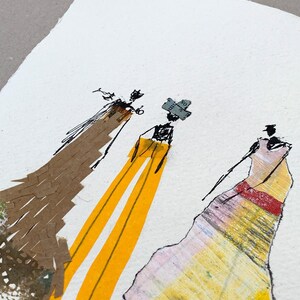 May include: An abstract mixed-media artwork featuring three stylized figures. The figures are depicted with a combination of drawing and collage techniques, using brown, yellow, and pink hues. The artwork is on a white background.