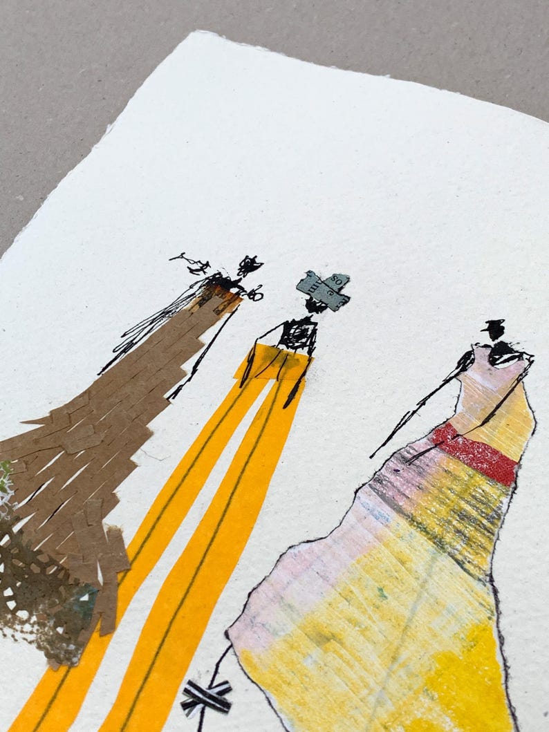 May include: An abstract mixed-media artwork featuring three stylized figures. The figures are depicted with a combination of drawing and collage techniques, using brown, yellow, and pink hues. The artwork is on a white background.
