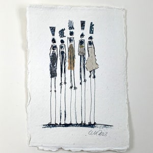 Mały rysunek, format pocztówki/10,5 x 14,8 cm (Din A6) Kaptur bretoński, damski, minimalizm, tusz, niebiesko-czarny, sztuka współczesna, wyjątkowy
