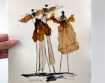 Three People | Expressive ink drawing | Unique piece A4 | Collage & shellac on handmade paper | Modern graphic