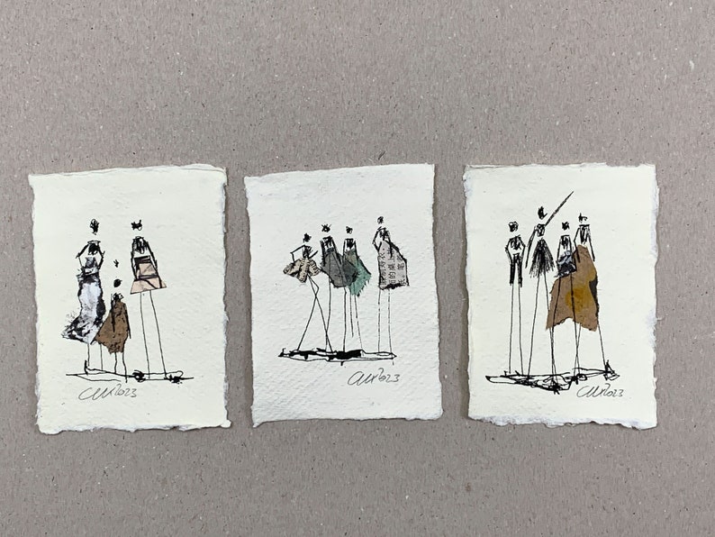 3er Set MiniZeichnung/Collage,DIN A74.1 x 2.9 inch ,schwarz-grau,minimalistische Menschen Tusche, Tinte, klein, Geschenk Bild 2