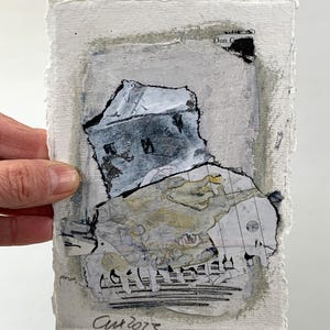 Pequeña pintura/collage original, azul grisáceo, formato postal/10,5 x 14,8 cm (Din A6), casa de cangrejo, casa abstracta