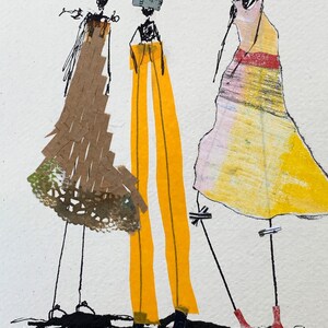 May include: An abstract watercolor painting featuring three stylized figures. The figures are depicted with elongated legs and wearing various outfits, including a brown dress, yellow pants, and a yellow dress with a red belt. The artwork is signed in the lower right corner.