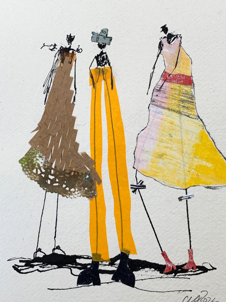 May include: An abstract watercolor painting featuring three stylized figures. The figures are depicted with elongated legs and wearing various outfits, including a brown dress, yellow pants, and a yellow dress with a red belt. The artwork is signed in the lower right corner.