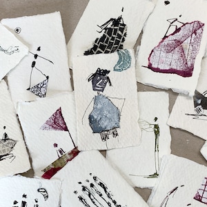 Set of 3 - Surprise, original mini drawing, DIN A8/2.9 x 2 inch, black, blue, green, burgundy, minimalist, people, ink, small, gift