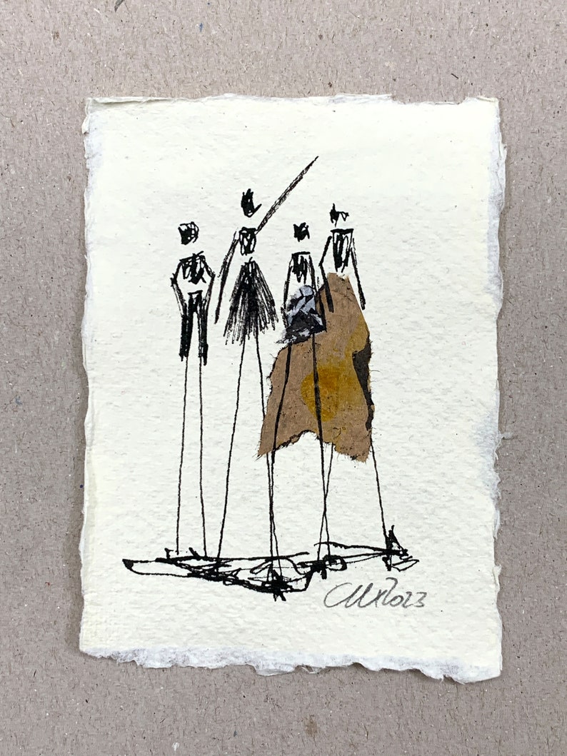 3er Set MiniZeichnung/Collage,DIN A74.1 x 2.9 inch ,schwarz-grau,minimalistische Menschen Tusche, Tinte, klein, Geschenk Bild 4