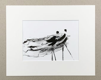 Ink drawing with passepartout, original, 24 x 18 cm (9.5 x 7.1 inch), minimalism, ink, black, modern art, unique, people