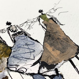 May include: An abstract mixed-media artwork featuring two stylized figures in dresses. The dresses are rendered in shades of blue, brown, and green, with black ink outlines and scribbles. The artwork is on a white background.