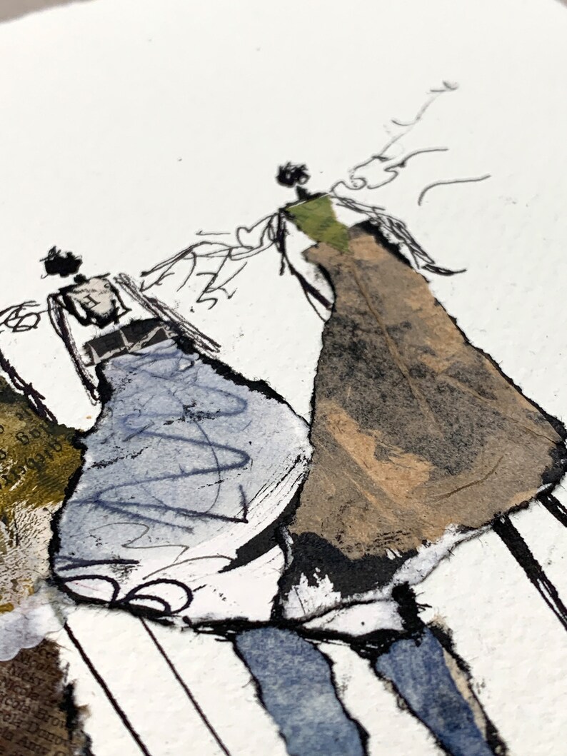 May include: An abstract mixed-media artwork featuring two stylized figures in dresses. The dresses are rendered in shades of blue, brown, and green, with black ink outlines and scribbles. The artwork is on a white background.