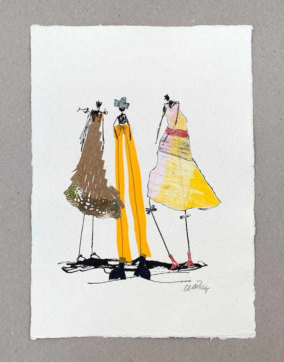 Original Collage Frauengruppe Gelb-Schwarz | Abstrakte Tuschezeichnung auf Büttenpapier | Unikat | Atelierarbeit