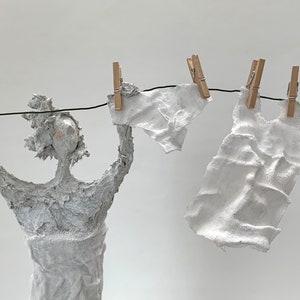 Monochrome, white sculpture with clothesline in the wind - mixed media, contemporary art, collector, original, Scandinavian living, Washing day