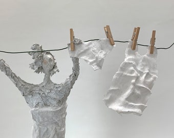 Boiled laundry - purist sculpture with clothesline in the wind - mixed media, contemporary art, collector, original, Scandinavian living