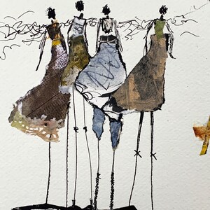 May include: An abstract watercolor painting featuring four stylized figures in long dresses. The figures are depicted with minimal detail, with long, thin legs and simple head shapes. The dresses are various colors, including brown, blue, and green.
