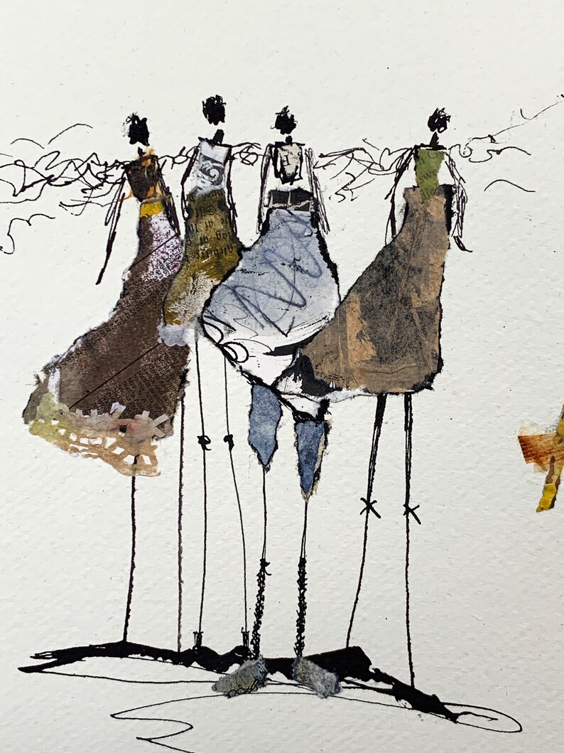 May include: An abstract watercolor painting featuring four stylized figures in long dresses. The figures are depicted with minimal detail, with long, thin legs and simple head shapes. The dresses are various colors, including brown, blue, and green.