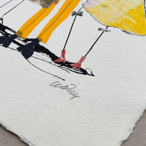 May include: Abstract artwork featuring a figure with yellow pants and red boots. The artwork includes black lines and a signature. The figure is set against a white background. The artwork is signed "AM 2024".