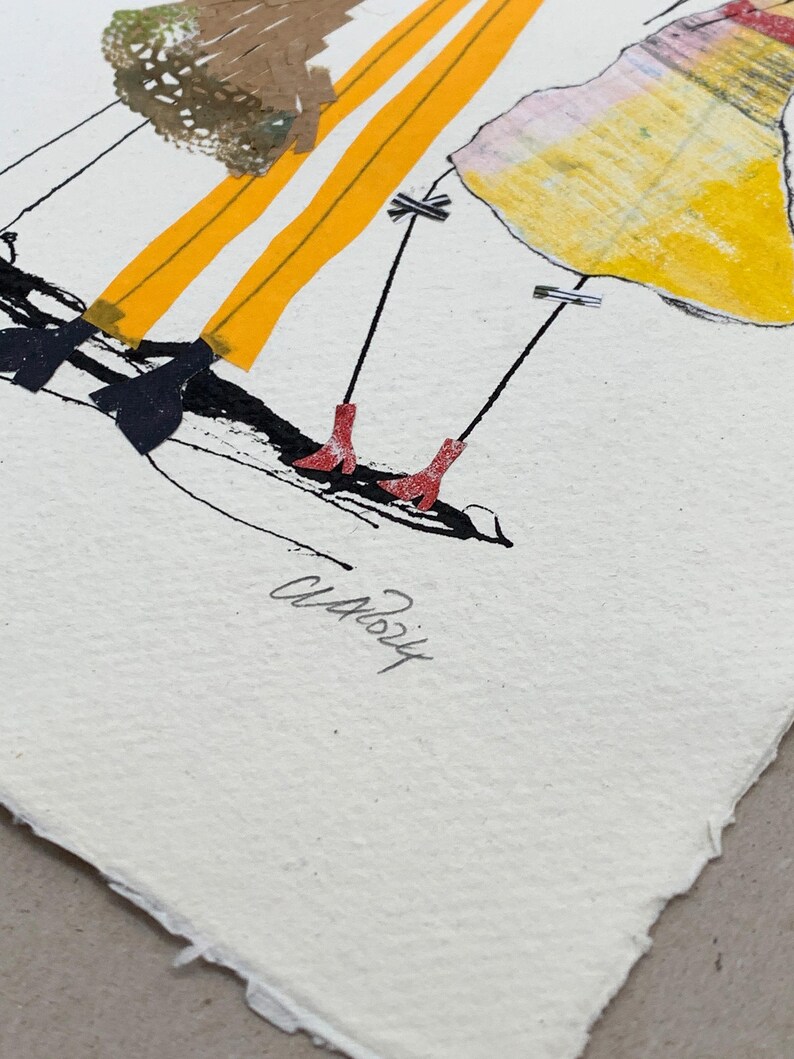 May include: Abstract artwork featuring a figure with yellow pants and red boots. The artwork includes black lines and a signature. The figure is set against a white background. The artwork is signed "AM 2024".
