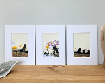 Set of 3 original drawings, abstract landscape including passepartout 18 x 24 cm (7.1 x9.5 inch), minimalism, modern art, unique
