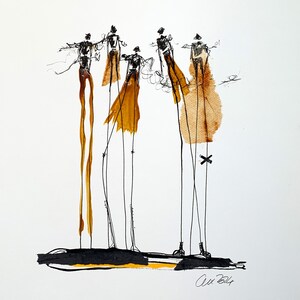 May include: Ink drawing of five stylized figures with elongated legs and arms outstretched. The figures are rendered in black ink with accents of brown and yellow watercolor. The figures stand on a black and yellow horizontal line against a white background.